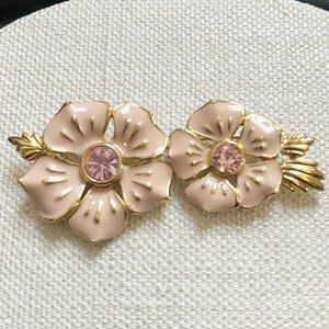 Trifari Flower Brooch Pin 1980s or 1990s Pink with Rhinestone & Enamel